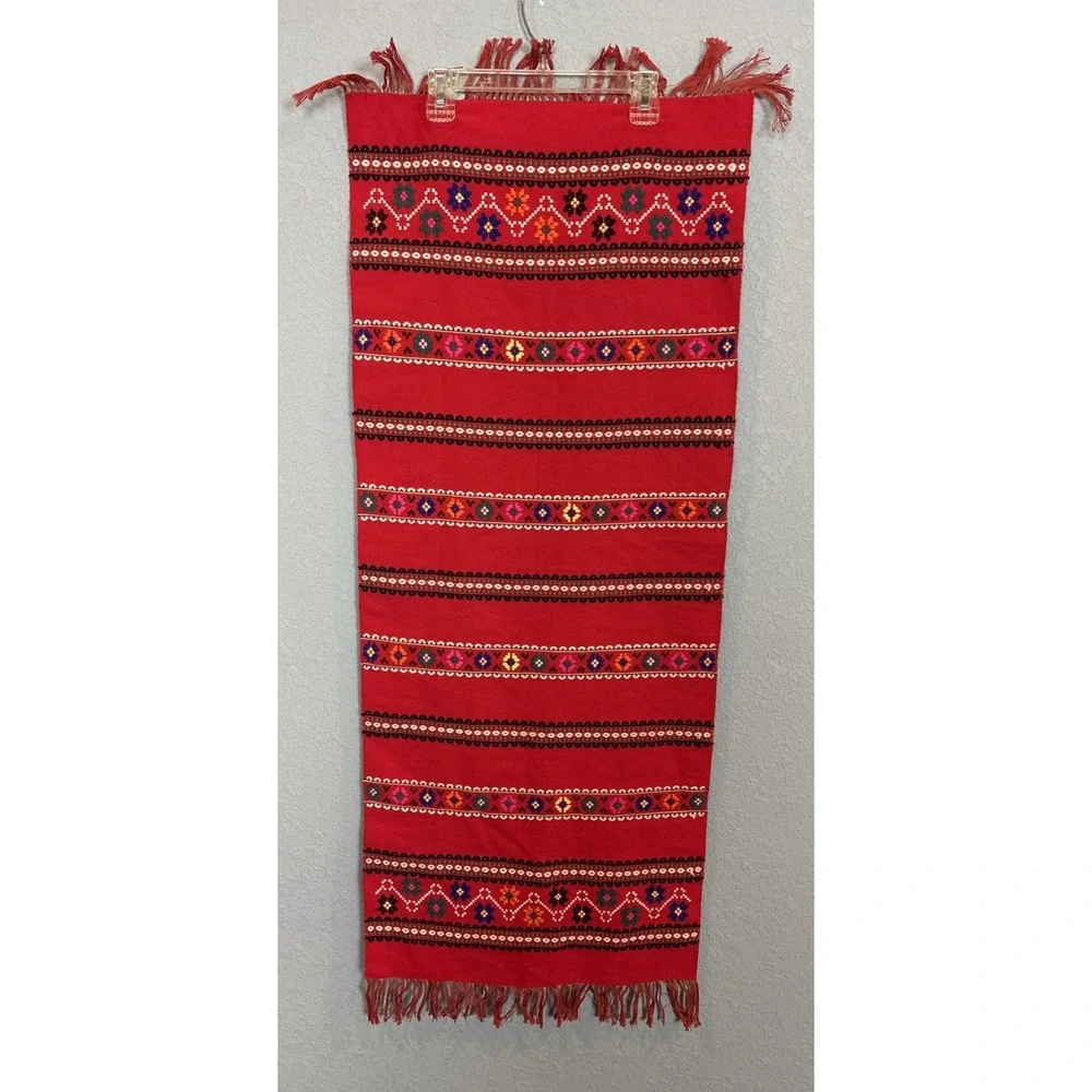 Mid Century Table Runner Red Wool Folk Embroidered Geometric MCM Holiday Vintage